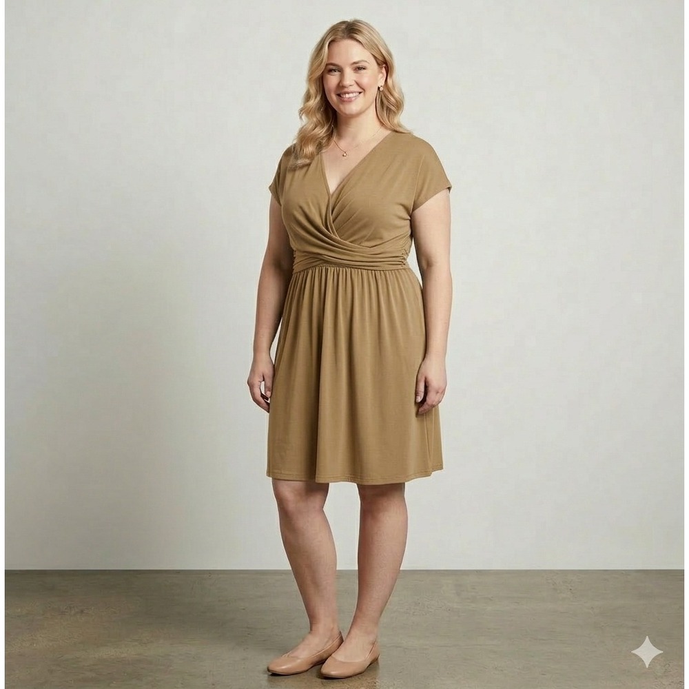 Of Mercer Dress Women XL Tan V-Neck Wrap Front Short Sleeve NEW